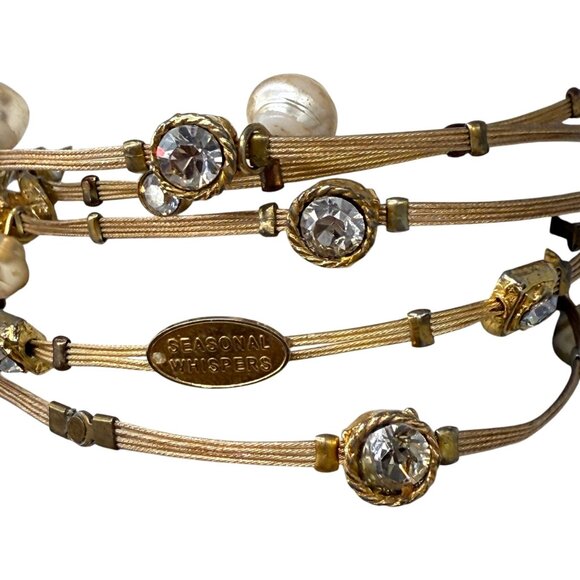 Seasonal Whispers Faux Pearl Beaded Clear Crystals Bangle Bracelet - Picture 6 of 6